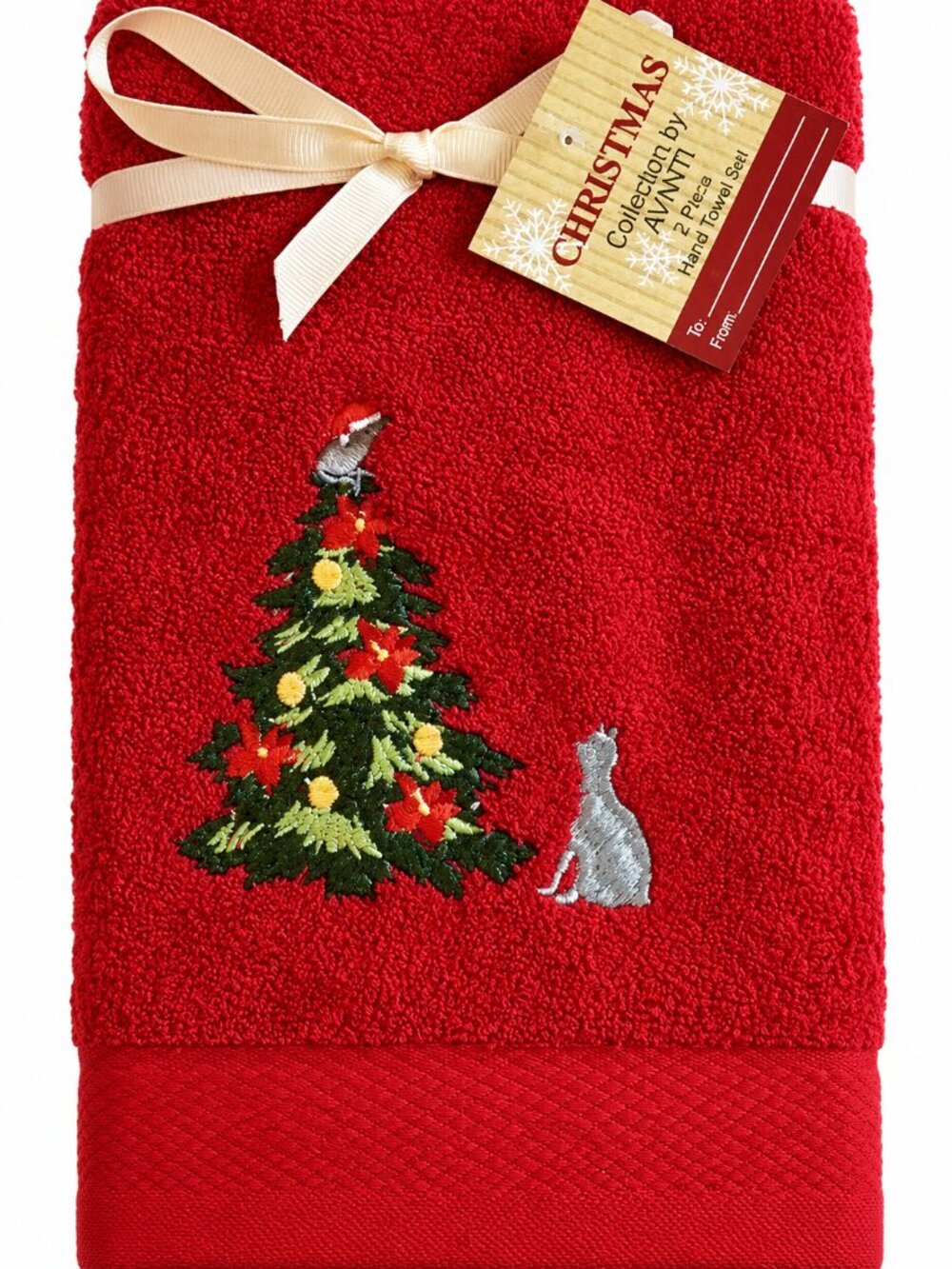 Avanti Christmas Tree Cat Red Hand Towels Embroidered Bath Bathroom Set of 2